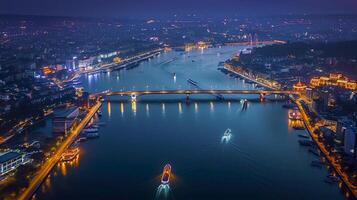 ai generiert Antenne Nacht Aussicht von ein Stadtbild umgeben durch Wasser ai generiert foto