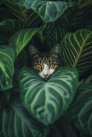 ai generiert Katze spähen durch groß, beschwingt dunkel Grün Blätter. ai generiert foto