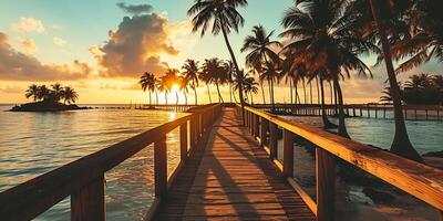 ai generiert Promenade mit Palme Bäume im tropisch Insel beim Sonnenuntergang, im das Stil von luxuriös ai generiert foto