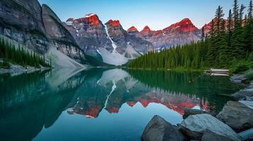 ai generiert Foto von still See umgeben durch hoch aufragend Berge und üppig Grün Wälder. das Bild erfasst atemberaubend Aussicht von makellos See reflektieren das Umgebung Landschaft. ai generiert