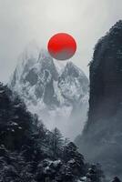 ai generiert schneebedeckt Berge umgeben durch Symmetrie, im das Center ist schwarz und rot Sonnen von das Abend. minimalistisch Chinesisch klassisch Stil ai generiert foto