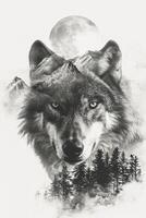 ai generiert doppelt Exposition von ein Wolf Gesicht Vorderseite, und Wald Bäume Berge und voll Mond im das Himmel ai generiert foto