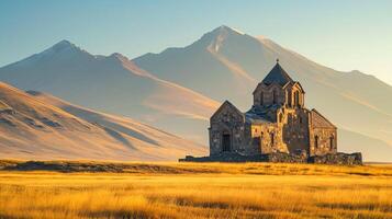 ai generiert szenisch Aussicht von Feld gegen Himmel mit Kirche , Berge im das Hintergrund ai generiert foto