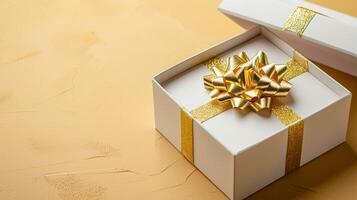 ai generiert Enthüllung Luxus 3d Geschenk Box mit Gold Band, leeren Raum, oben Sicht, ai generiert foto