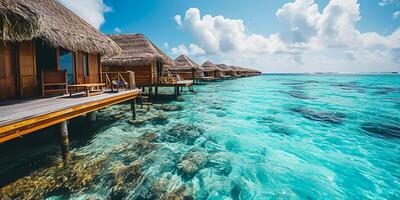 ai generiert tropisch Paradies. Luxus Panoramaansicht auf Malediven Resort auf Seelandschaft Hintergrund. Bungalow, Villen auf schön exotisch Strand auf das Ozean. Spa, Freizeit, Konzept ai generiert foto