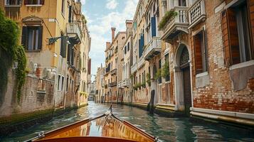 ai generiert schön Szene von Venedig, mit ein Fokus auf ein eng Kanal umgeben durch groß, alt Gebäude ai generiert foto