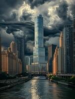 ai generiert Foto von dramatisch Stadtbild mit hoch aufragend Wolkenkratzer, heiter Fluss, prominent Glas Wolkenkratzer steht im das Center. Umgebung Gebäude Erstellen dicht städtisch Umgebung ai generiert