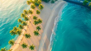 ai generiert tropisch Strand mit klar Blau Gewässer, golden Sand, und üppig Grün Palme Bäume. das Bild erfasst ein Antenne Aussicht von malerisch tropisch Strand während das golden Stunde ai generiert foto