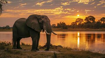 ai generiert Elefant Stehen durch ein Wasser Körper beim Sonnenuntergang ai generiert foto