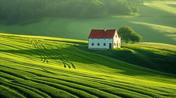 ai generiert Haus das Landschaft, Teilen das üppig Grün Felder, lange Exposition Fotografie ai generiert foto