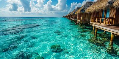 ai generiert tropisch Paradies. Luxus Panoramaansicht auf Malediven Resort auf Seelandschaft Hintergrund. Bungalow, Villen auf schön exotisch Strand auf das Ozean. Spa, Freizeit, Konzept ai generiert foto