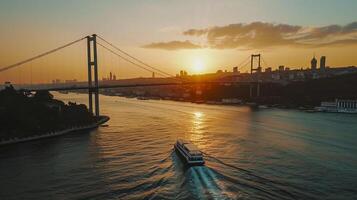 ai generiert Aussicht von ein Boot Kreuzung ein Fluss mit ein Suspension Brücke überspannend es beim Sonnenuntergang ai generiert foto