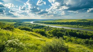 ai generiert Foto riesig Prärie mit Grün Gras, breit Fluss im das Distanz, und üppig Wald auf beide Seiten, lange Exposition ai generiert