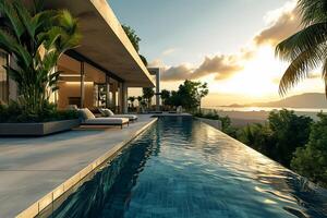 ai generiert modern Haus modern Villa mit Schwimmbad, luxuriös Innenräume exotisch Landschaften ai generiert foto