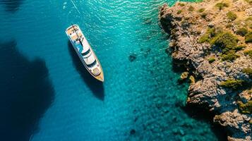 ai generiert Antenne Drohne oben Nieder Ultra breit Foto von Luxus Yacht verankert im tropisch exotisch Insel ai generiert
