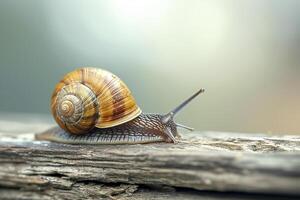 ai generiert Schnecke langsam ziehen um über ein hölzern Oberfläche. ai generiert foto