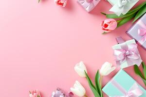 ai generiert Foto Geschenk Box mit Rosa Tulpen und Blumen auf ein Rosa Hintergrund, oben Aussicht leeren Raum ai generiert