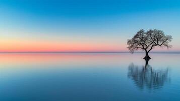 ai generiert heiter Foto von einsam Baum Stehen teilweise untergetaucht im Ruhe Körper von Wasser, mit das Gradient Farbtöne von Sonnenuntergang oder Sonnenaufgang reflektieren auf das Wasser Oberfläche. ai generiert