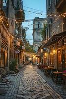 ai generiert Gasse beleuchtet hängend Licht flankiert Restaurants und Cafés während das Abend ai generiert foto