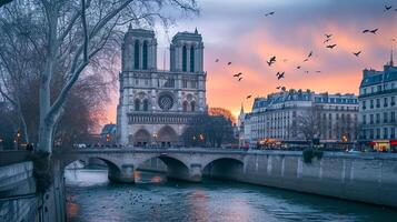 ai generiert Foto von das ikonisch notre Dame Kathedrale im Paris, mit heiter Fluss fließend im das Vordergrund und weich, bunt Himmel beim Dämmerung wie Hintergrund ai generiert