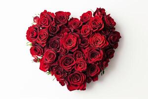 ai generiert Valentinstag Herz von rot Rosen auf Weiß Hintergrund. foto