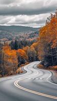 ai generiert Foto von Straße inmitten heiter Landschaft. das richtig Seite von das Bild ist dominiert durch Bäume mit Blätter ai generiert