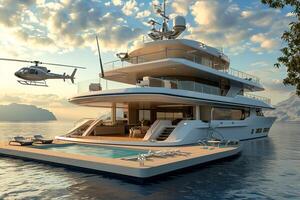 ai generiert 3d Illustration von ein Luxus Super Yacht mit ein Hubschrauber Schwimmen Schwimmbad und ein Whirlpool ai generiert foto