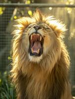 ai generiert brüllend Löwe gefangen mitten im Brüllen mit es ist Mähne fließend und Zähne ausgesetzt ai generiert foto