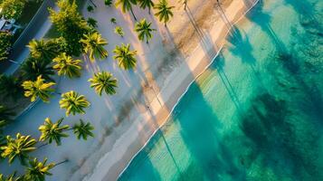 ai generiert tropisch Strand mit klar Blau Gewässer, golden Sand, und üppig Grün Palme Bäume. das Bild erfasst ein Antenne Aussicht von malerisch tropisch Strand während das golden Stunde ai generiert foto