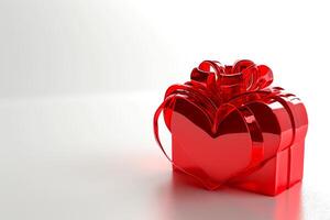 ai generiert romantisch Geste oben Aussicht von 3d Herz Geschenk Box mit rot Band, leeren Raum, ai generiert foto