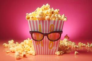 ai generiert emotional Mädchen posiert im 3d Brille mit Popcorn Korb foto