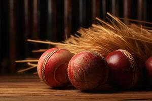 ai generiert Nahansicht von Kricket Ball und Wickets auf hölzern Oberfläche. foto