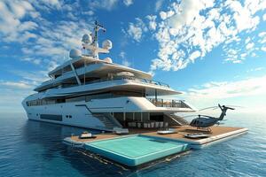 ai generiert 3d Illustration von ein Luxus Super Yacht mit ein Hubschrauber Schwimmen Schwimmbad und ein Whirlpool ai generiert foto