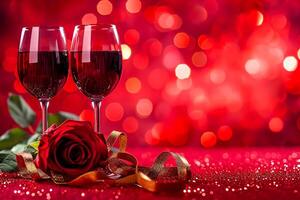 ai generiert Brille Wein, blühte rot Rose golden Band, romantisch Thema Feierlichkeiten von Liebe ai generiert foto