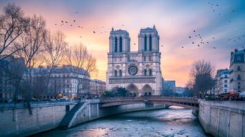 ai generiert Foto von das ikonisch notre Dame Kathedrale im Paris, mit heiter Fluss fließend im das Vordergrund und weich, bunt Himmel beim Dämmerung wie Hintergrund ai generiert