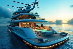 ai generiert 3d Illustration von ein Luxus Super Yacht mit ein Hubschrauber Schwimmen Schwimmbad und ein Whirlpool ai generiert foto