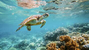 ai generiert heiter unter Wasser Umgebung mit Meer Schildkröte Schwimmen über ein Koralle Riff im klar, Türkis Wasser ai generiert foto