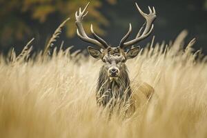 ai generiert majestätisch Hirsch Stehen inmitten groß, wild Gräser ai generiert foto