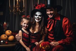 glücklich Familie feiert Halloween im Kostüme und bilden foto