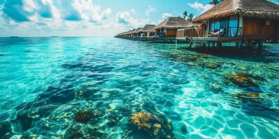 ai generiert tropisch Paradies. Luxus Panoramaansicht auf Malediven Resort auf Seelandschaft Hintergrund. Bungalow, Villen auf schön exotisch Strand auf das Ozean. Spa, Freizeit, Konzept ai generiert foto