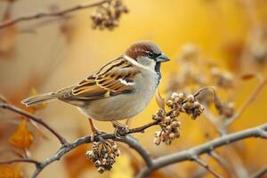 ai generiert Spatz thront auf ein Ast inmitten Herbst Laub ai generiert foto