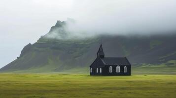 ai generiert Foto Island Landschaft von schön Kirche neblig Berge im das Hintergrund ai generiert