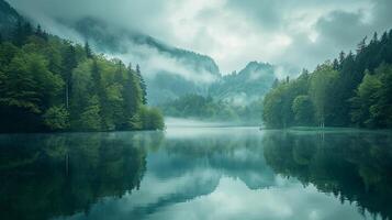 ai generiert still See umgeben durch dicht Wald mit neblig Berge im das Hintergrund. das Wasser im das See ist still, reflektieren das Umgebung Landschaft mögen Spiegel ai generiert foto