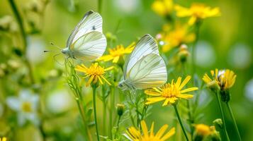 ai generiert Foto selektiv Fokus Schuss von ein schön Schmetterling Sitzung auf ein Ast mit klein Gelb Blumen ai generiert