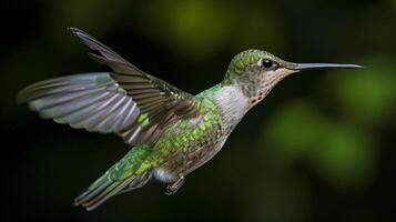 ai generiert Foto von Grün Vogel fliegend auf glatt dunkel Hintergrund ai generiert