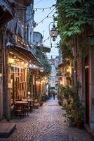 ai generiert Gasse beleuchtet hängend Licht flankiert Restaurants und Cafés während das Abend ai generiert foto