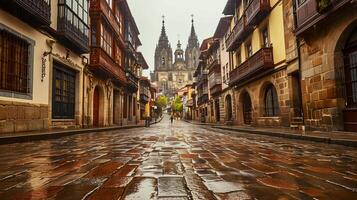 ai generiert Foto Kopfsteinpflaster Straße gefüttert mit historisch Gebäude führen gegenüber ein aufwendig Dom. das Gebäude haben rustikal Charme, mit Stein Konstruktion und Holz Balkone ai generiert