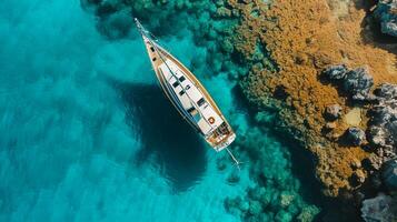 ai generiert Antenne Drohne oben Nieder Ultra breit Foto von Luxus Yacht verankert im tropisch exotisch Insel ai generiert