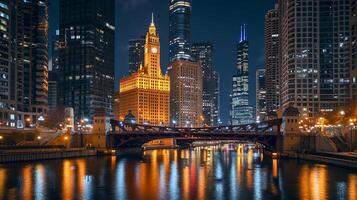 ai generiert Nachtzeit Stadtbild mit hoch Gebäude, ein Brücke, und ein Fluss ai generiert foto