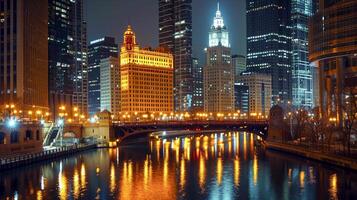 ai generiert Nachtzeit Stadtbild mit hoch Gebäude, ein Brücke, und ein Fluss ai generiert foto